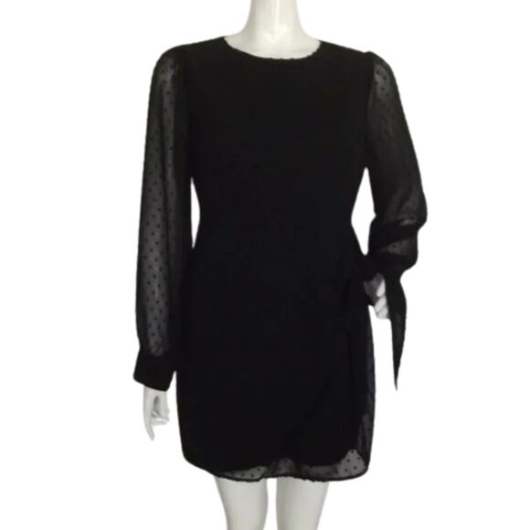 LULUS Dress, M, Black Swiss Dots, Mini, Long sleeves, Hip Tie, Faux Wrap, Zips - Picture 1 of 14